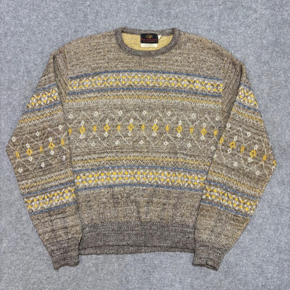 Vintage Richman Brothers Fair Isle Crewneck Sweater Brown Orlon Acrylic XL